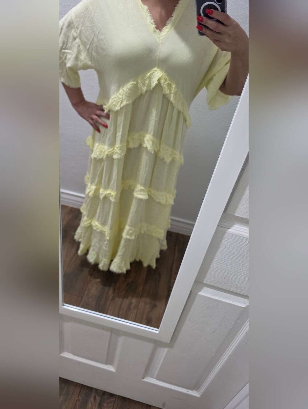Light Yellow Tiered Fringe V-Neck Women's Dress